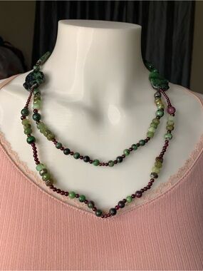 Handmade Green and Burgundy Beaded Women's Necklace - Layered Style